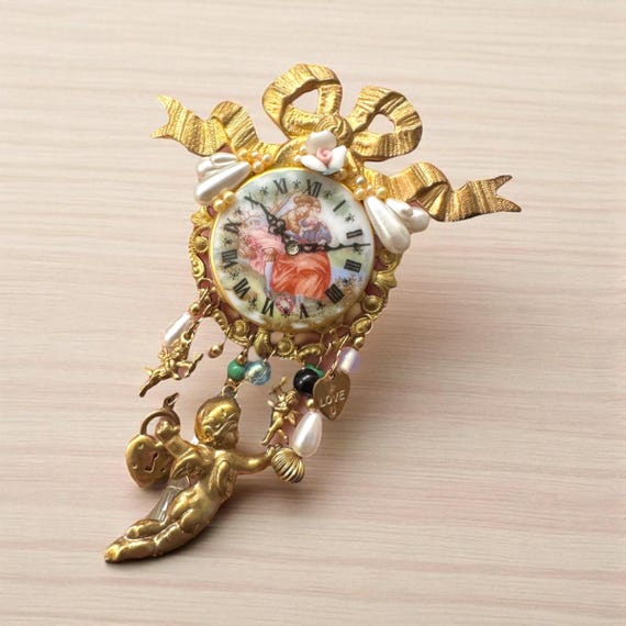 Vintage Signed Katrina Mod Podge Clock Angel Cher… - image 1