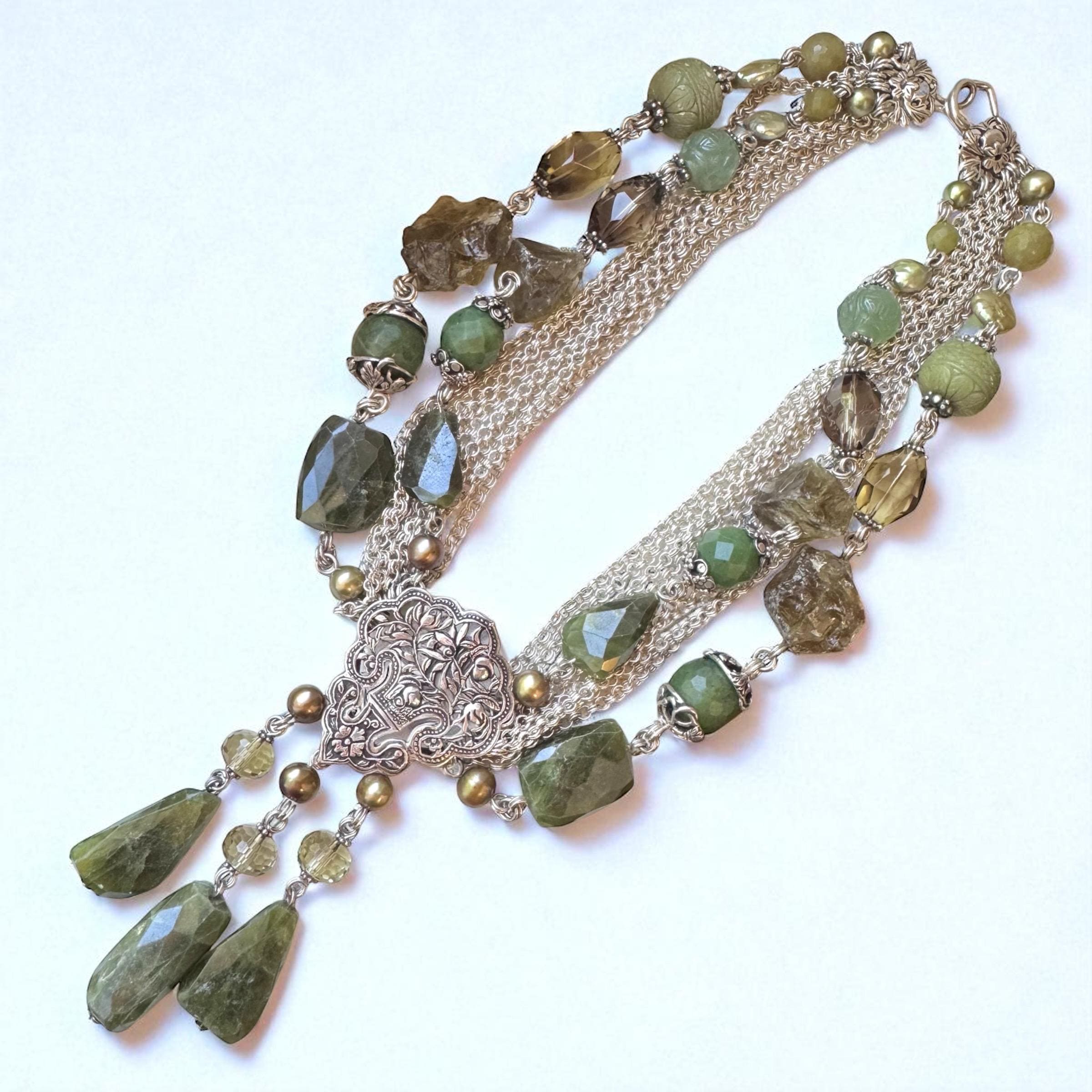 Stephen Dweck Sterling Multi Strand Necklace With Green Garnet