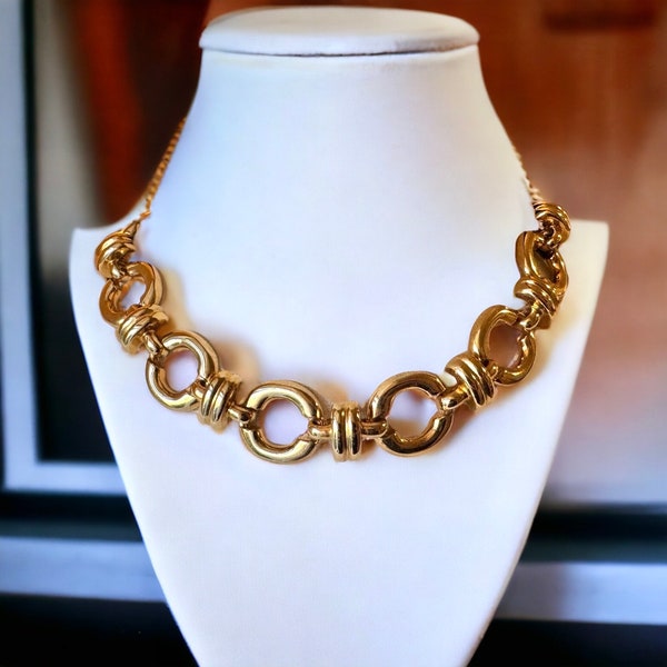 Chacharel Signed Shiny Gold Tone Chunky Designer Necklace 16”