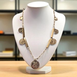 May include: A gold-toned necklace with coin and bar accents displayed on a white mannequin. The necklace features a large pendant and several smaller coin charms. The design is vintage-inspired, with a classic and elegant aesthetic.