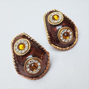 Large Chunky Vintage Yosca Signed Enameled Glass Moghul Style Cabochon Crystals Clip on Earrings