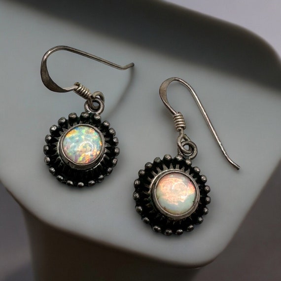 Lab Created Opal Sterling Silver Dangle Earrings … - image 1