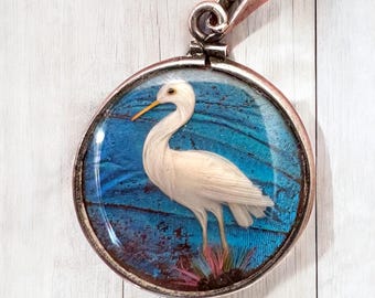 Double Sided Victorian Fob Charm: Feather Birds and Morpho Butterfly Wing (L)