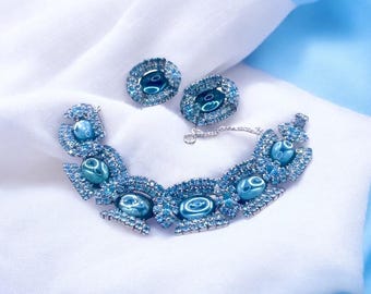 Vintage Blue Rhinestone Glass Moonglow Link Bracelet w/ Clip on Earrings Runway Designer