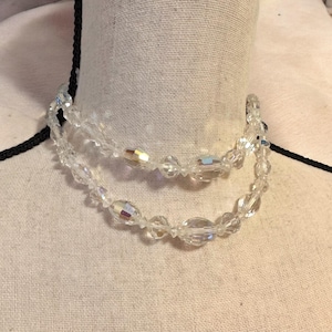 Vintage Czech AB Crystal Three Strand Choker Collar Necklace Ornate Clasp 50s 15”