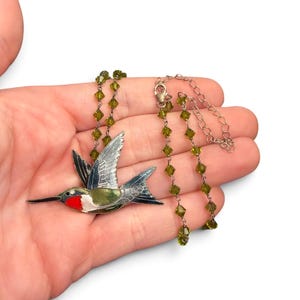 Ruby Throated Large Hummingbird Necklace Kiln Fired Glass Fused on Sterling with Crystal Beads (U)