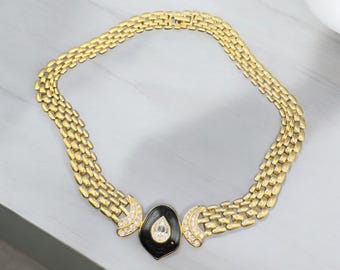 Vintage 80s TRIFARI Gold Tone Black Enamel Clear rhinestones 17&quot; Necklace