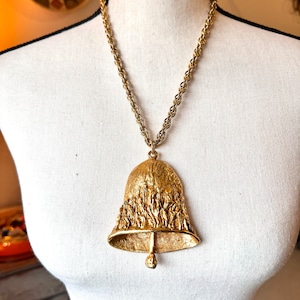 Vintage Heavy Unsigned Brutlist Style Articulating Bell Pendant Necklace 22”