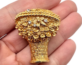 Spilla vintage a forma di cesto di fiori con profumo solido Avon e strass (G)