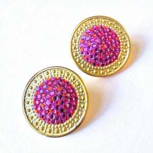 Vintage Richard Kerr Gold Tone Huge Signed Crystal Disc Clip On Earrings