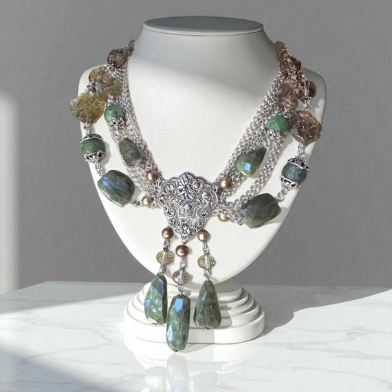 Stephen Dweck Sterling Multi Strand Necklace With Green Garnet
