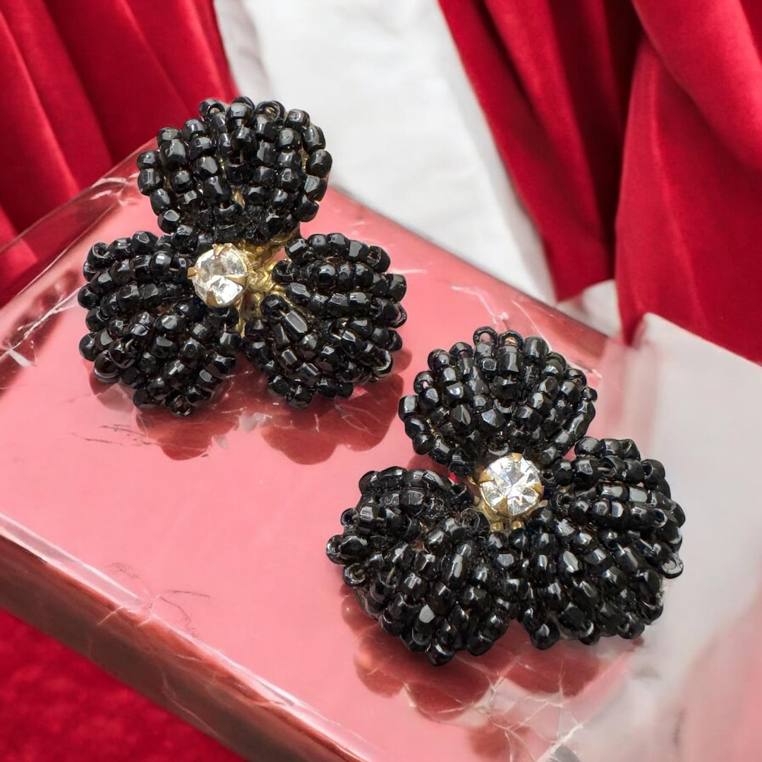 Vintage Early Miriam Haskell Black Glass Seed Beaded Rhinestone