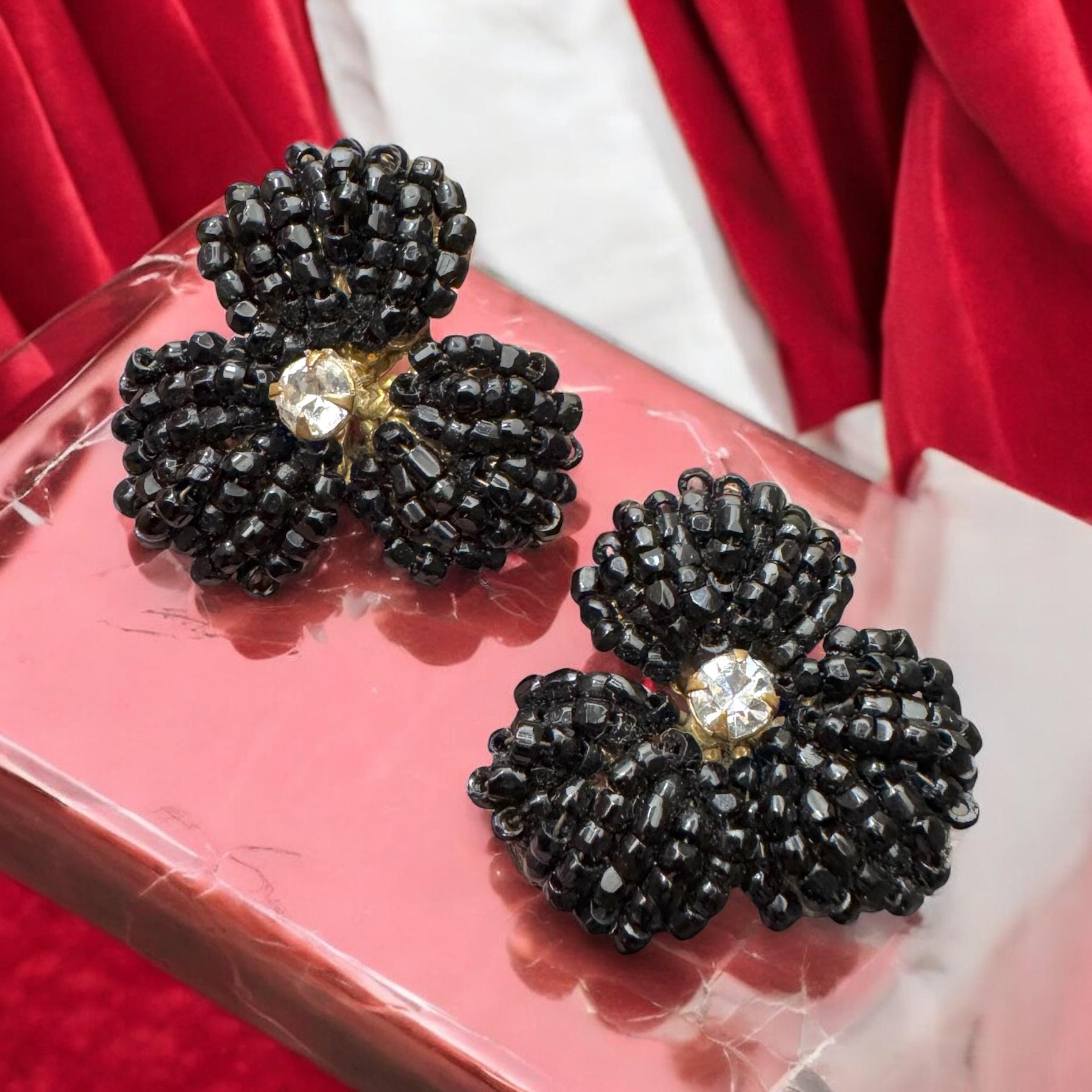 Miriam Haskell ヴィンテージフラワーピアス Vintage Early Miriam Haskell Black Glass Seed Beaded Rhinestone