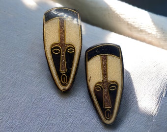 Vintage Künstler handgefertigte Tribal Maske Harz Sand Ohrclips 40 mm