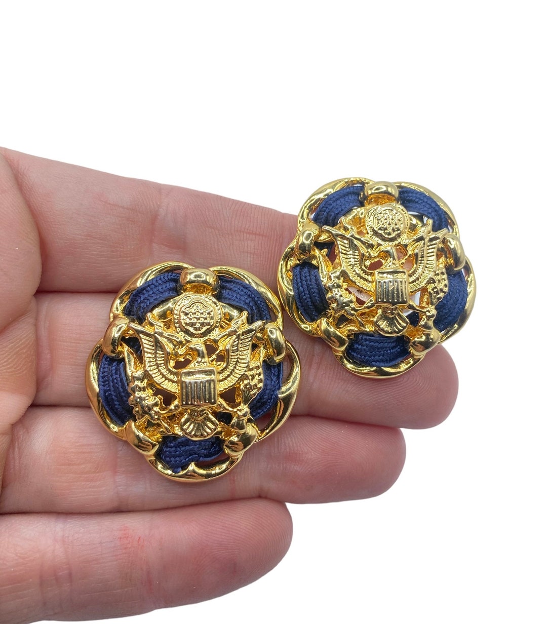 Vintage Stamped Ellen Designs Military Blue Cord Gold Tone Eagle Clip