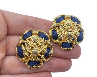 Vintage Stamped Ellen Designs Military Blue Cord Gold Tone Eagle Clip On Earrings 1 3/8”