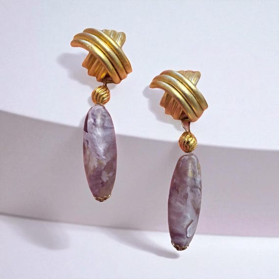 Vintage Modernist Lucite Dangle Earrings: Signed Norma Jean, Matte Gold Tone (J)