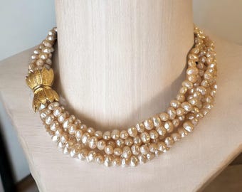 Vintage Signed LES BERNARD Multi Strand Gold Tone Freshwater Pearl Necklace