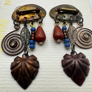 Vintage Copper Tone Dangle Earrings: Geometric Swirl, Beaded 80s Jewelry (NOS) (A)