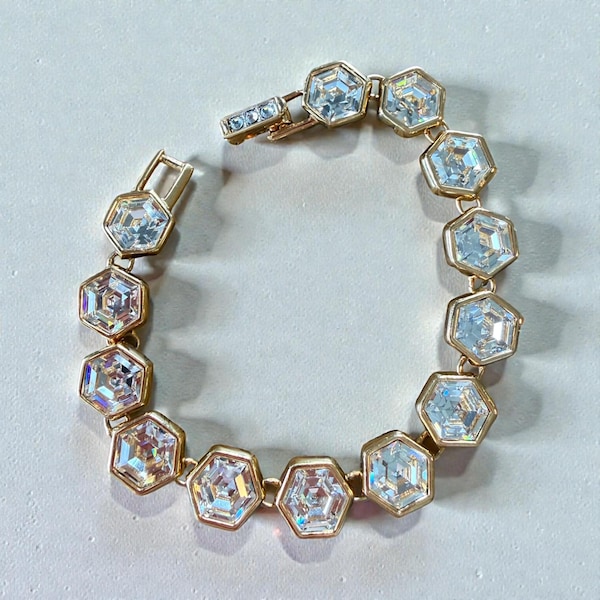 Vintage Swarovski Crystal Tennis Bracelet: Signed SAL Gold Plated Sparkly (C)