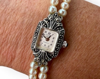 Vintage Judith Jack Art Deco Pearl Watch, Marcasite Accent Asymmetrical Case, Faux Pearl Bracelet, Glam Statement Jewelry, Gift for Her (S)