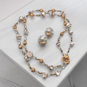 Vintage Murano Glass Venetian Two Strand Necklace Pyramid Art Glass Swirl Beaded AB Swarovski Crystals w/matching Clip Earrings Set