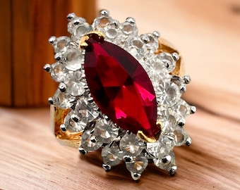 Vintage Cocktail Ring Red Glass Rhinestones Gold Tone Ring 6 3/4 - 7