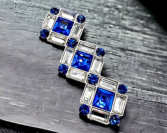 Yves Saint Laurent Large Royal Blue and Clear Crystal Geometric Silver Tone Bar Brooch 3 1/4” Wide