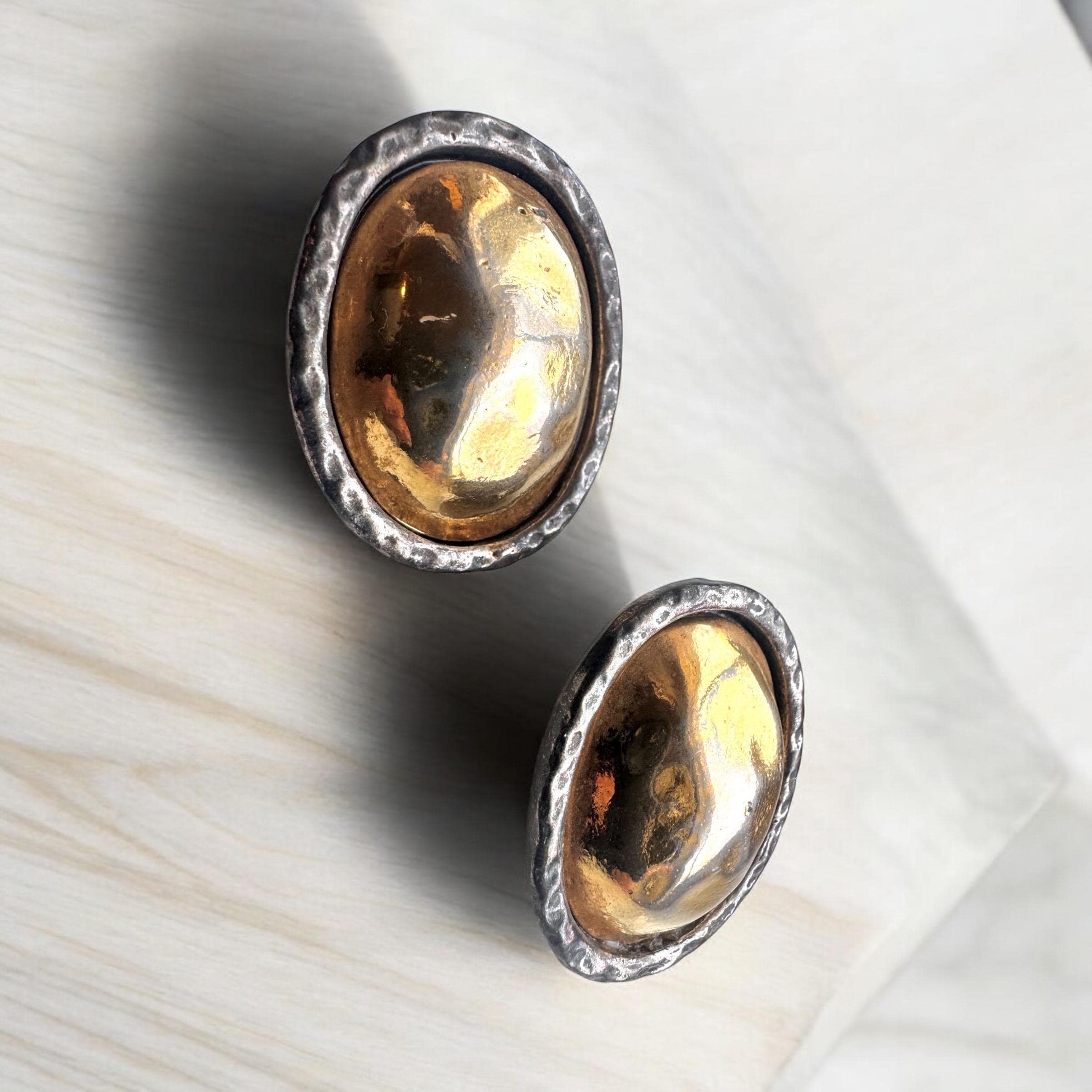 Boucles D'oreilles Vintage Édouard Rambaud - Années 70/80 - Laiton Doré Avec Onyx - Fermoir Clip