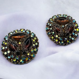 Vintage Glass Topaz Cabochon and AB Rhinestone Unique Netted Clip on Earrings 1 1/4”
