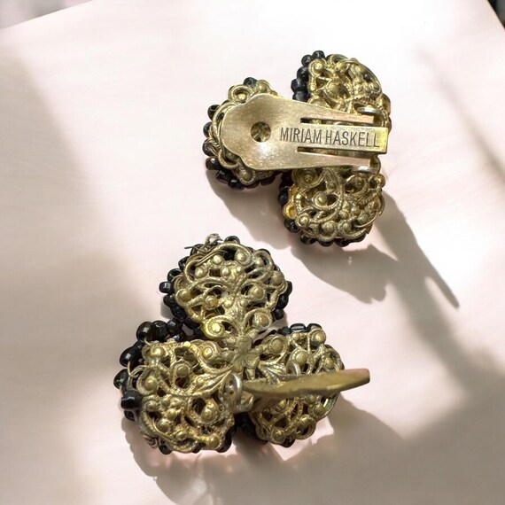 Miriam Haskell ヴィンテージフラワーピアス Vintage Early Miriam Haskell Black Glass Seed Beaded Rhinestone