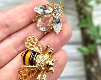 Two Rhinestone Bee Enameled Gold Tone Scatter Pins