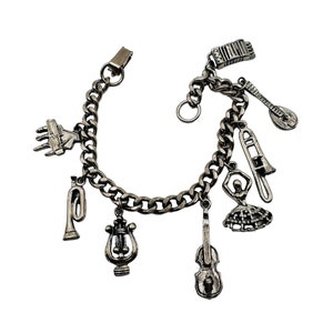 Vintage Musical Instrument Dance Silver Tone Charm Bracelet 7 3/4”