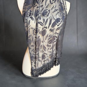 Vintage Black Burnout Silk Devoré Scarf Sheer Chiffon with a Raised Floral Pattern and Glass Beaded Embellishments