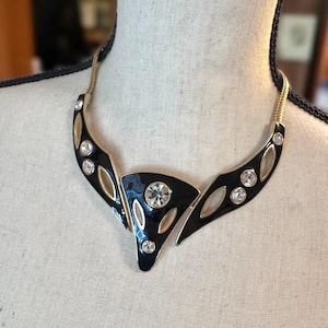 Vintage Black Enamel Modernist Style Necklace Gold Tone w/ Big Glass Rhinestones