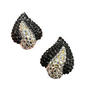 Vintage Richard Kerr Inspired Black and Clear Rhinestone Abstract Clip On Earrings 1 3/8”
