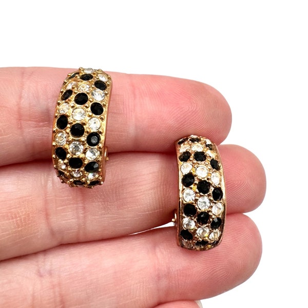 Vintage Signed Roman Black and Clear Rhinestone Chunky Gold Tone Clip on Earrings 7/8”