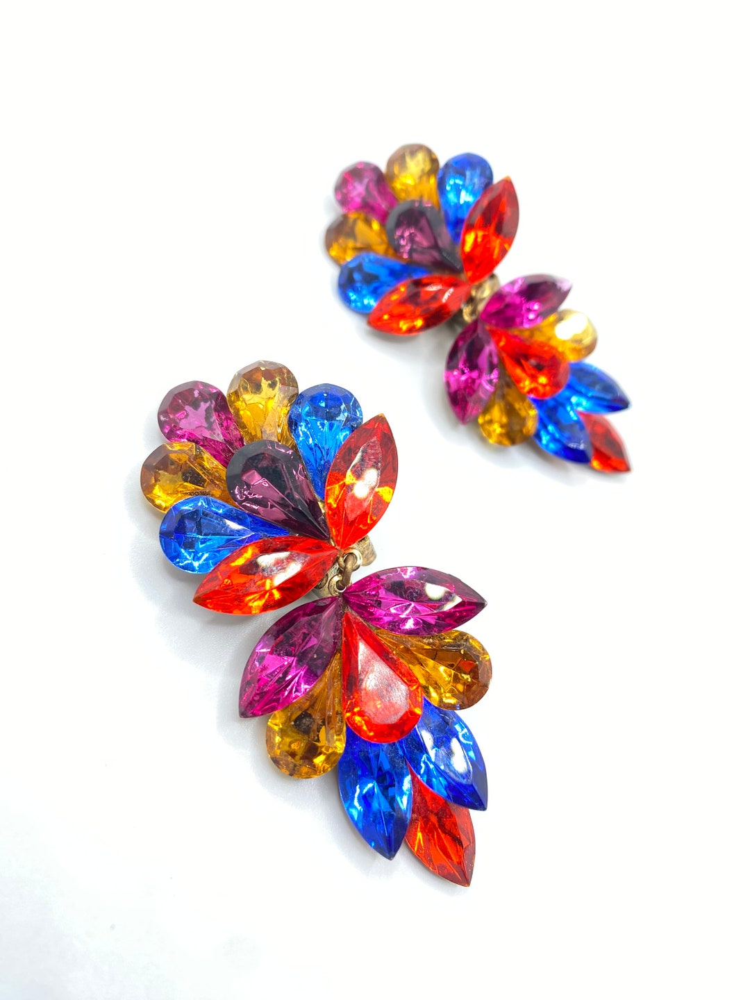 To Dangle Vintage Glass Foil Back Dangle Chunky Sparkly Clip-on Earrings 2.5” (Q ...