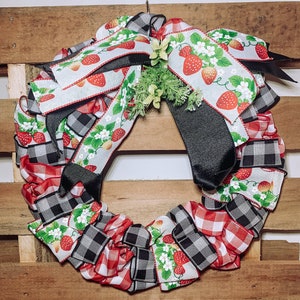Strawberry Farmhouse Wreath, Red Strawberry Ribbon Bow w Greens, Summer Ribbon Wreath, Front Door Wreath
