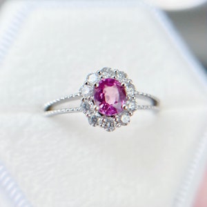 Vintage Pink Sapphire Halo Ring - Anniversary - Birthday Gift - 18K Gold - Pink Sapphire Engagement Ring