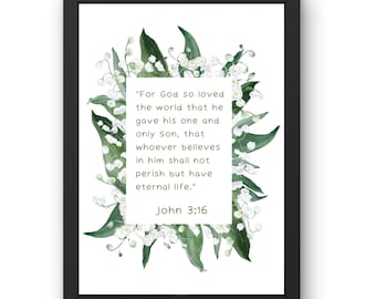 Johannes 3:16 Frühling Digitaldruck | Salbei grünes Maiglöckchen christliche Kunst | Biblische Dekoration