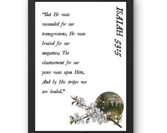 Jesaja 53:5 Frühling Digitaldruck | Durch seine Wunden sind wir geheilt Christliche Kunst | Neutrales Biblisches Dekor