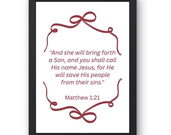 Burgund Matthäus 1:21 NKJV Weihnachten Printable | Traditionelles burgunderrotes Weihnachtsdekor