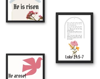 3 Set Auferstehung Osterdrucke — Lukas 24:5-7 NKJV Digitale christliche Wandkunst (Er ist auferstanden / Er entstand) (druckbar) | Rosa + Blau Ostern