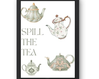 Verschütte den Tee Digital Print | Sage Green Regency Tea + Coffee Bar Kunst | Humor-Küche zum Ausdrucken