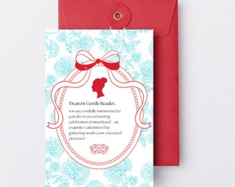 Regencycore Masquerade Galentines Tag Einladung (Printable) Rot + Blau