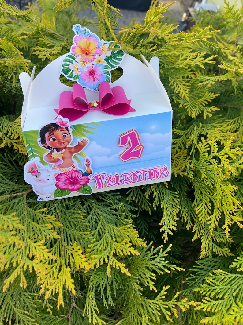 May include: A white party favor box decorated with a pink bow, floral accents, and a cartoon character illustration. The box features the number "2" and the name "Valentina". The box is decorated with a tropical theme.