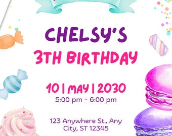Puede incluir: Una colorida invitación de cumpleaños con ilustraciones de acuarela de dulces y globos. La invitación dice "3er cumpleaños de Chelsy" con la fecha, hora y detalles del lugar. También se presenta una piruleta y macarons.