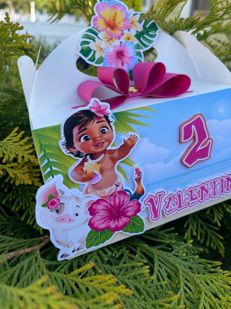 May include: A white party favor box with a pink bow, tropical flower accents, and a cartoon illustration of a girl, pig, and rooster. The box has the number 2 and the name "Valentina" on it.