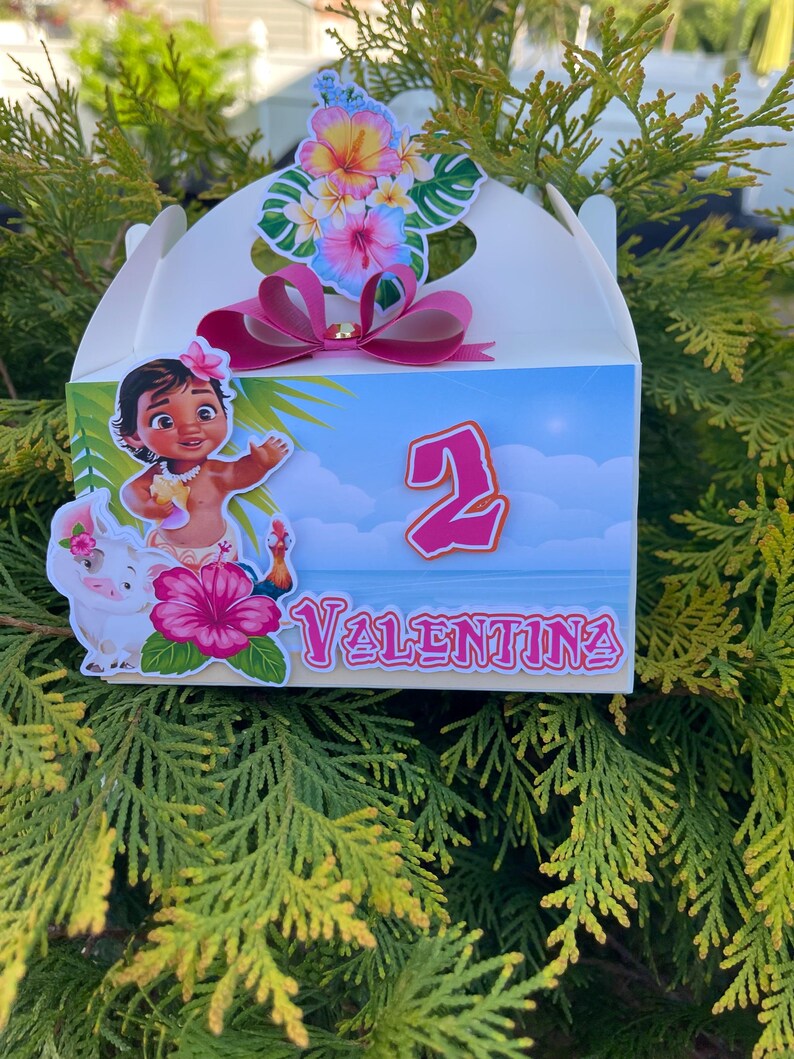 May include: A white gable box decorated with a cartoon image of a girl, a pig, and a pink number 2. The box is adorned with a pink bow and tropical flowers. The name "Valentina" is written on the box.